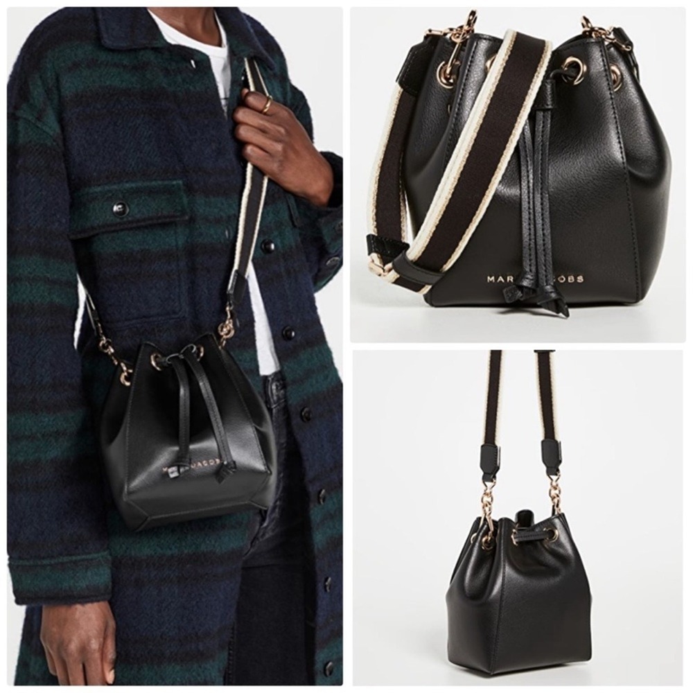 Marc Jacobs The Leather Bucket Bag Black Gold Hardware Drawstring Crossbody NWT - Picture 10 of 10